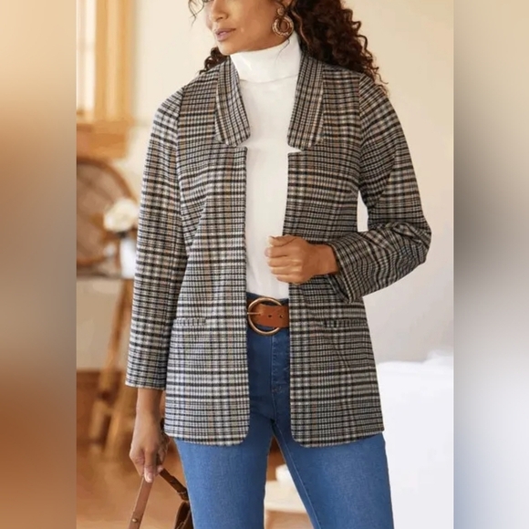 Soft Surroundings St. James Brown Blazer L Tartan Plaid Double Vents Houndstooth - Picture 1 of 16